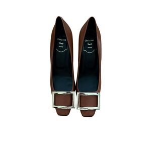 Christine Shell Paris Leather Square Toe Block Heel Pumps Brown Size 36
